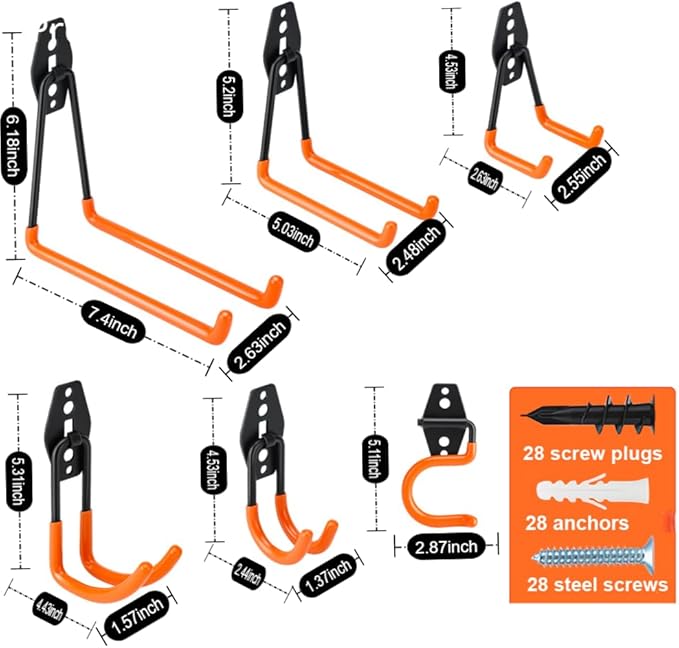 16 Pack Garage Hooks Heavy Duty, Industrial Wall Mount Garage Storage Hooks for Hanging Bike, Ladder and Garden Tools, Organization System with Mop Broom Holders, 100 LBS Capacity, Orange