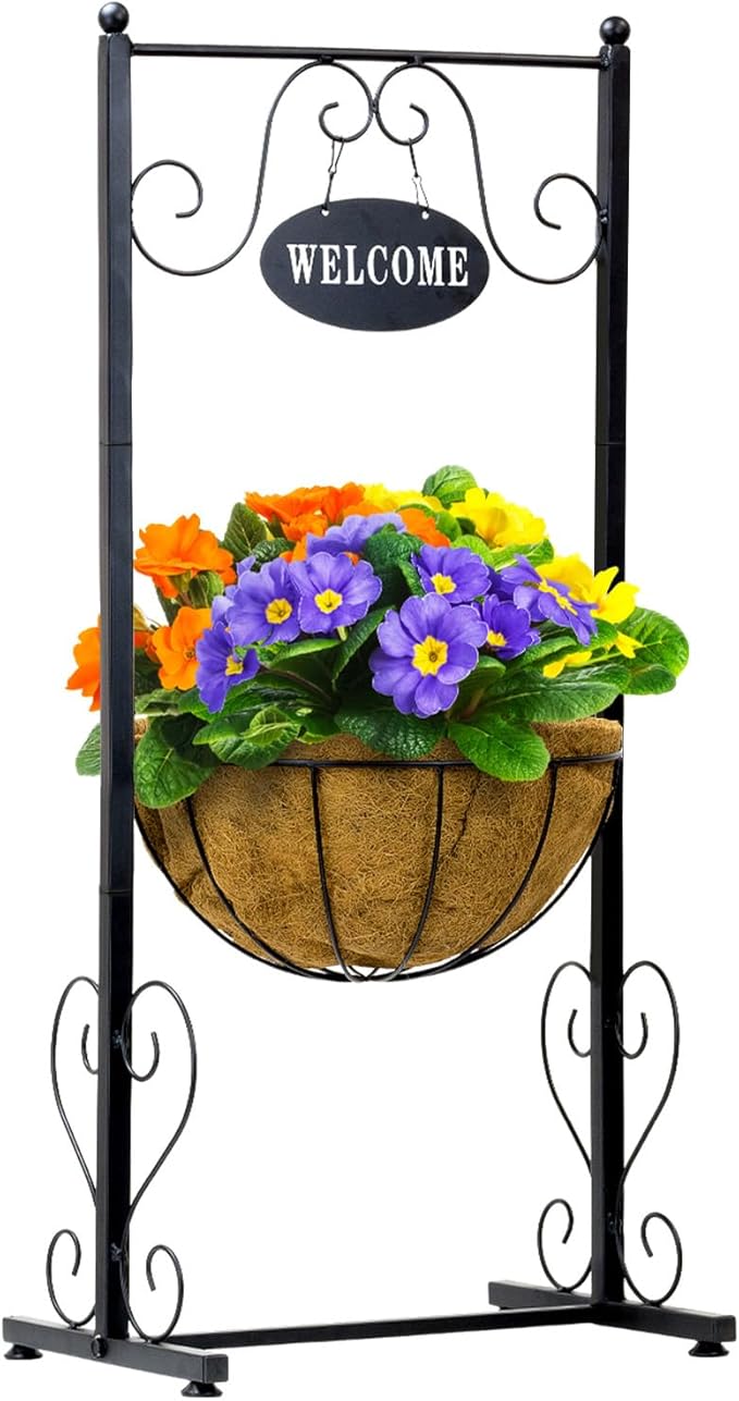 Sorbus Welcome Planter Basket Stand with Coco Liner, Stylish Flower, Plant, and Outdoor Décor for Home, Garden, Patio, Deck, Black Metal