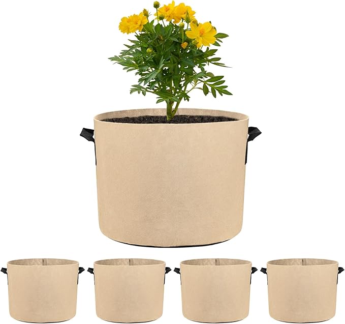 M METERXITY 5-Pack Plant Grow Bags 7 Gallon Grow Bags 300G Thickened Fabric Pots with Durable Handles Plant Garden Grow Pots for Fruits/Vegetables/Flowers/Plants [Khaki]