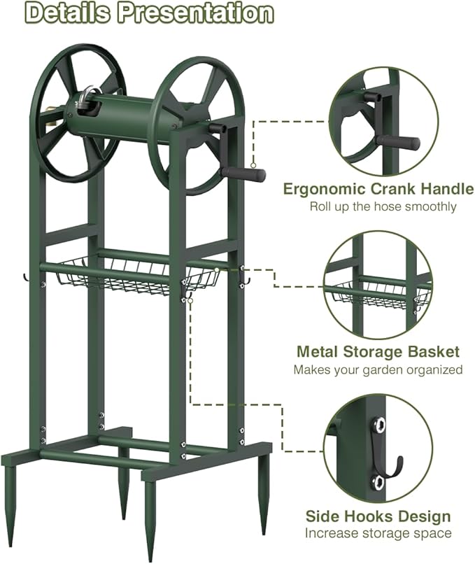 Freestanding Garden Hose Reel holds 125ft Hose of 5/8" with 4 Hooks, 4-Spike Outdoor Hose Holder with 3.9ft Leader Hose & Brass Fitting, Detachable Metal Hose Stand with Storage Rack, Green