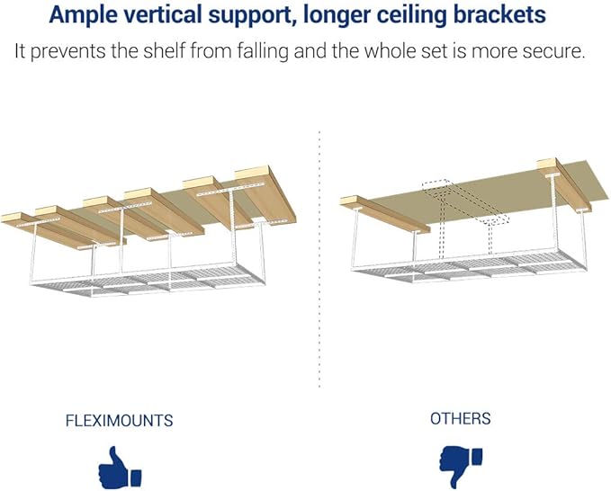 FLEXIMOUNTS 4x8 Overhead Garage Storage Rack w/Hooks Adjustable Ceiling Storage Racks, 96" Length x 48" Width x 40" Height, 22''-40" Ceiling Dropdown, White, Classic Series