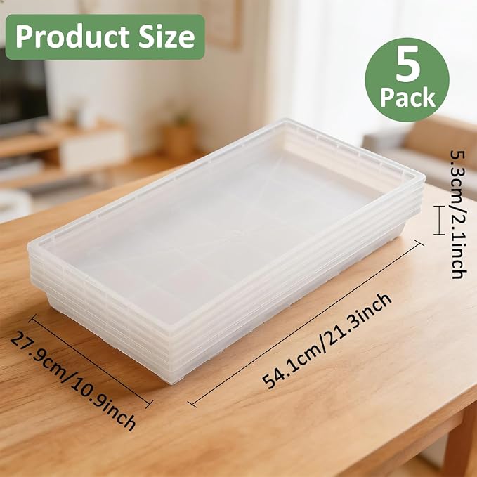 1020 Nursery Pot Trays 5 Pack, Transparent Plastic Flat Seed Starter Tray, Durable Square Seedling Starting Tray for Holding and Carrying Plant Pots (Clear)