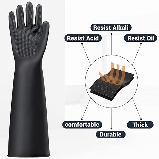 XXL 22" Black Protective Gloves for Washing Dishes, Thick Chemical Resistant Rubber Gloves Heavy Duty Safety Work Cleaning, Waterproof, Acid/Alkali/Oil Resistant, Non-Slip Diamond Grip, 1 Pair