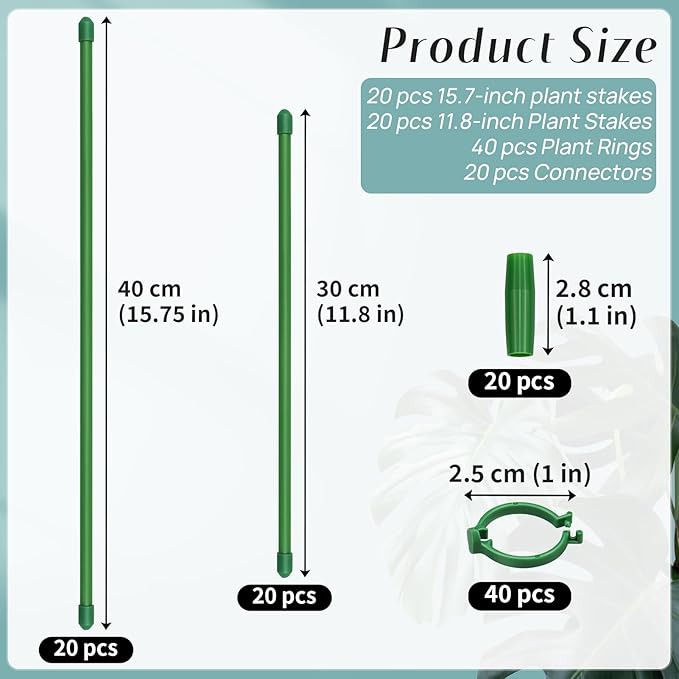 40 Pcs Plant Support Stakes, Garden Stakes for Indoor Plants, Tall Adjustable Plant Sticks with 40 Clips and 20 Connectors for Monstera, Tomato, Vine Potted Plants