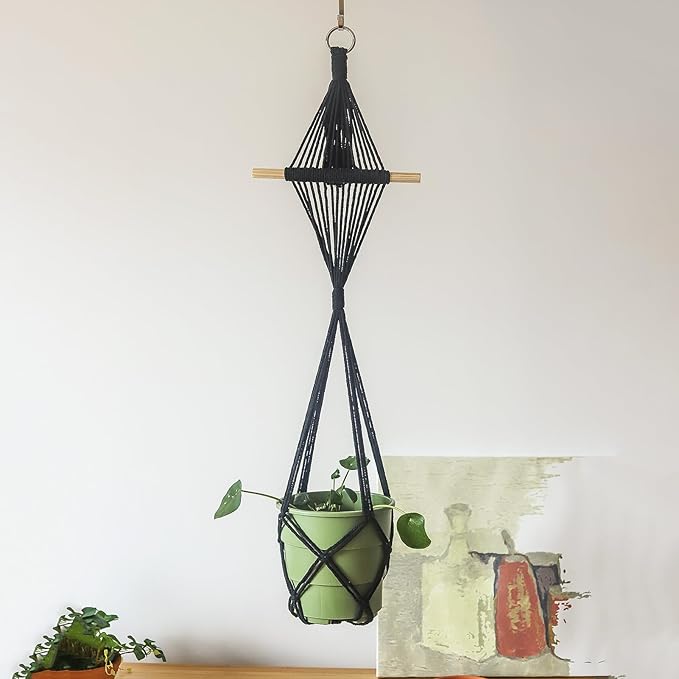 4 Pack Macrame Plant Hangers Indoor Up to 10 inch Pot, Boho Hanging Planters, Plant Holder with 8Pcs Stainless Steel Hooks(4Pcs Black Hanger)