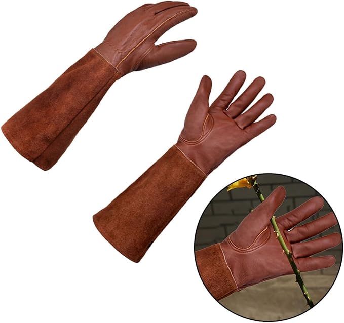Thorn-Proof Leather Garden Gloves Long Forearm Split Cowhide Goatskin Padded Palm For Men And Women Pruning Roses Yard Work(M)