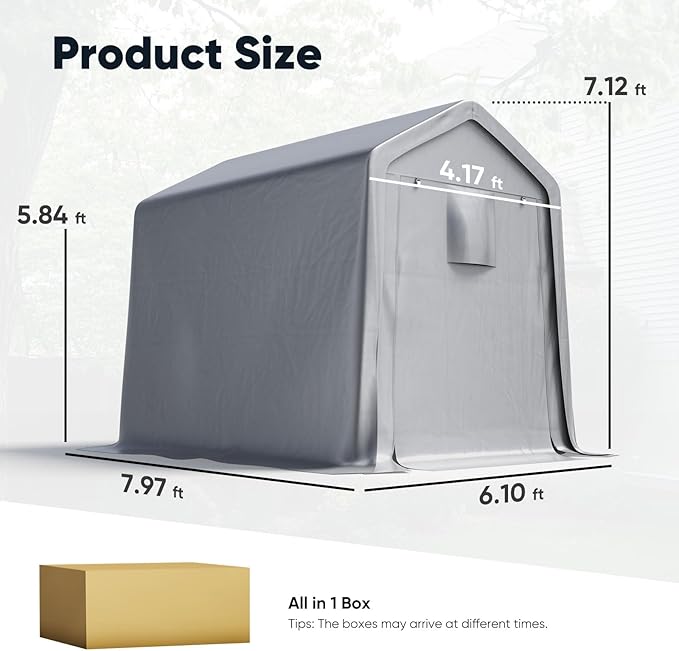 Quictent 6x8FT Garden Tool Shed Storage Shelter with Roll-Up Mesh Windows, Heavy Duty Portable Garage for Lawn Mower, Garden Tools Waterproof Storage Tent with Reinforced Frame, Sliver Gray