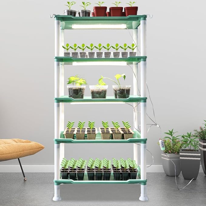 5-Tier Seed Starter Tray, Plant Stand Designed for Cell Trays and Small Pots for Gardening Indoor Outdoor Growing (Green)