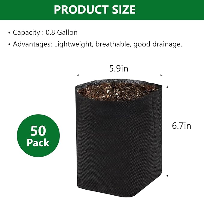 Belit 0.8 Gallon Plant Nursery Bags, 50 Pcs Non-Woven Grow Bags for Vegetable, Flower, Starting saplings