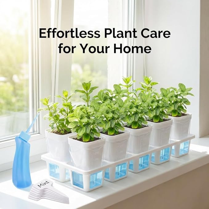 10 Pack 2.5" Self Watering Pots for Indoor Plants with Anti-Tip Tray & Reservoir Refill Bottle, Seed Starter Kit for Seedlings, Cuttings, Succulents, Herbs, 10 Plant Labels