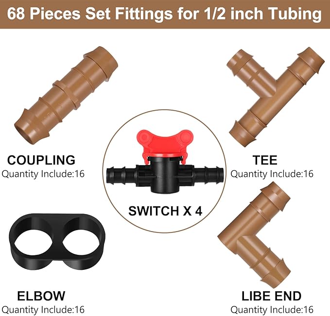 Outus 68 Pcs 1/2 Inch Drip Irrigation Fittings Drip Irrigation Fitting Kit Switch Tee Coupling Elbow and End Cap Plastic Plug Drip Irrigation Connector for Compatible Drip or Sprinkler System
