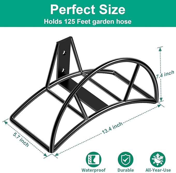 TomCare Garden Hose Holder Wall Mount Metal Water Hose Holder Holds 125Ft Hoses Heavy Duty Hose Hanger Sturdy Hoses Storage Organizer for Outside Yard Garden, Black