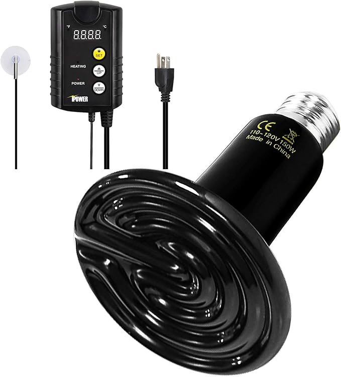 Simple Deluxe 150W Reptile Heat Bulb and 40-108 Degrees Fahrenheit Digital Thermostat Controller Included, for Amphibian Pet & Incubating Chicken, Black