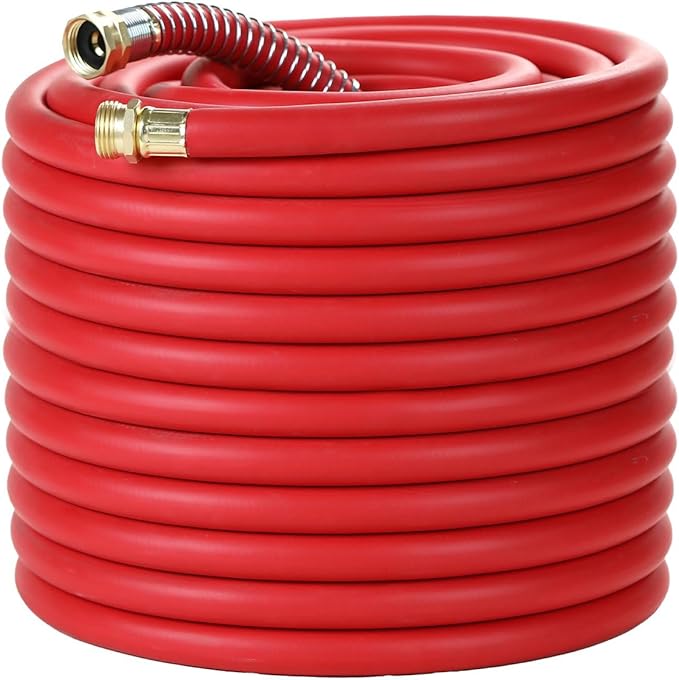 150FT 5/8 Heavy Duty Rubber Garden Hose - 300psi Working, 1000psi Burst - Hot/Cold Water - Five-Layered Braiding for Durability - Versatile for Gardening, Agriculture, Construction(Red)