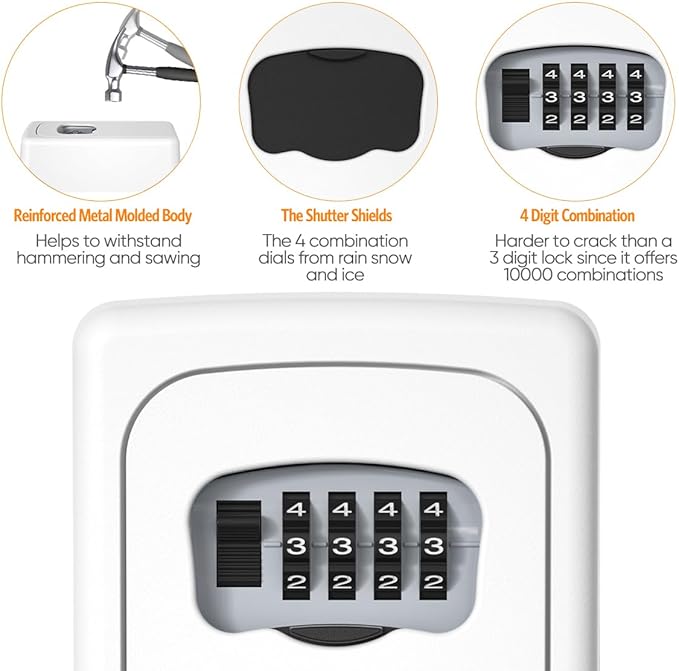 Key Lock Box Wall Mounted, Fayleeko 4 Digit Combination Lockbox for Outside, House Keys - 5 Keys Capacity, Key Safe Security Storage Lock Box for Indoor, Outdoor, Garage, Garden, Store (White, 1Pack)