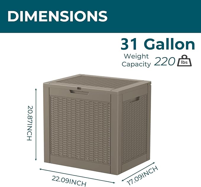 Vixzen 31 Gallon Resin Deck Box - Lockable Outdoor Storage for Patio Cushions, Garden Tools, Pool Supplies（Grey，31 Gallon）