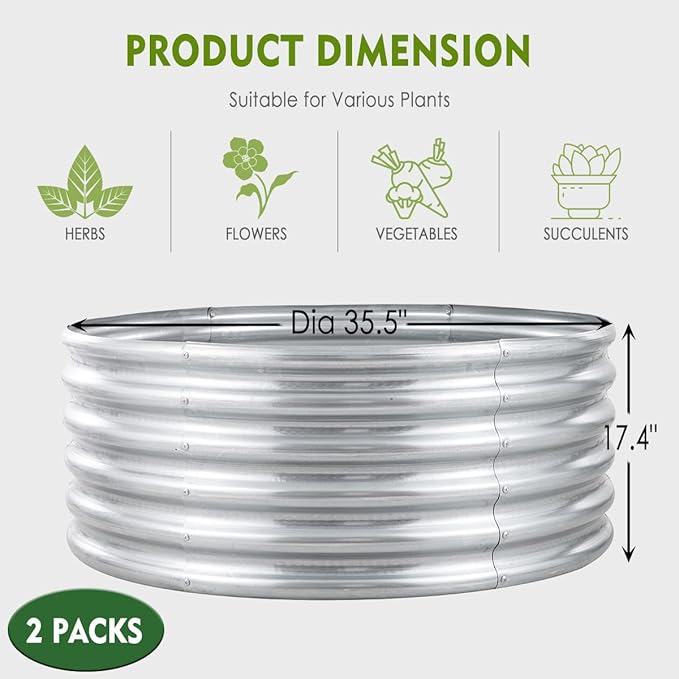 2Pcs 3X3X1.5 Ft Round Galvanized Raised Garden Bed Kit, Silver Outdoor Planter Garden Bed, Metal Raised Box for Fruits, Vegetables and Herb, Fire Pit Rings
