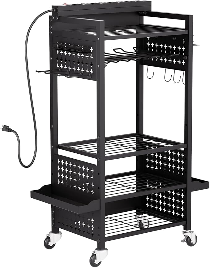 VEVOR 5-Tier Tool Organizer Cart with Charging Station, 8 AC Outlet, Floor Stand Rolling Drill Holder and Tool Battery Storage Rack on Wheels, Garage Floor Rolling Storage Cart for Workshop, Garage
