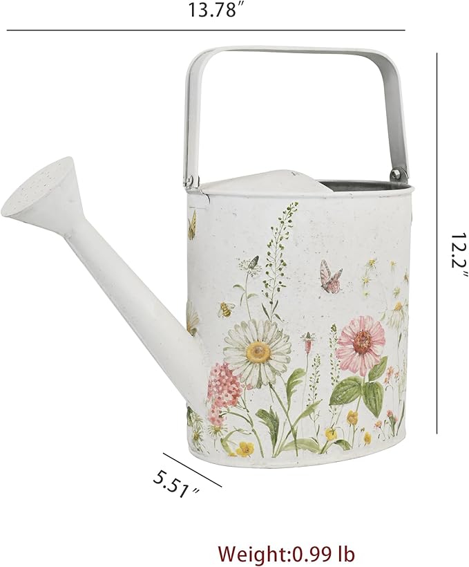 Vintage White Metal Watering Can Decorative Garden Watering Pot with Floral & Butterfly Prints Rustic Shabby Chic Design for Indoor Plants, Outdoor Gardening, Home Decor