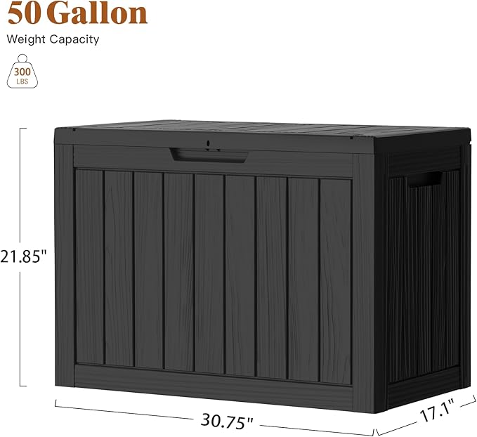 Outdoor Storage Box Deck Box, 50 Gallon Waterproof Deck Boxes, Package Delivery Boxes for Outside, Resin, Lockable Patio Storage Bins for Garden Tool, Cushion, Pool, Porch, Weatherproof & UV-Resistant