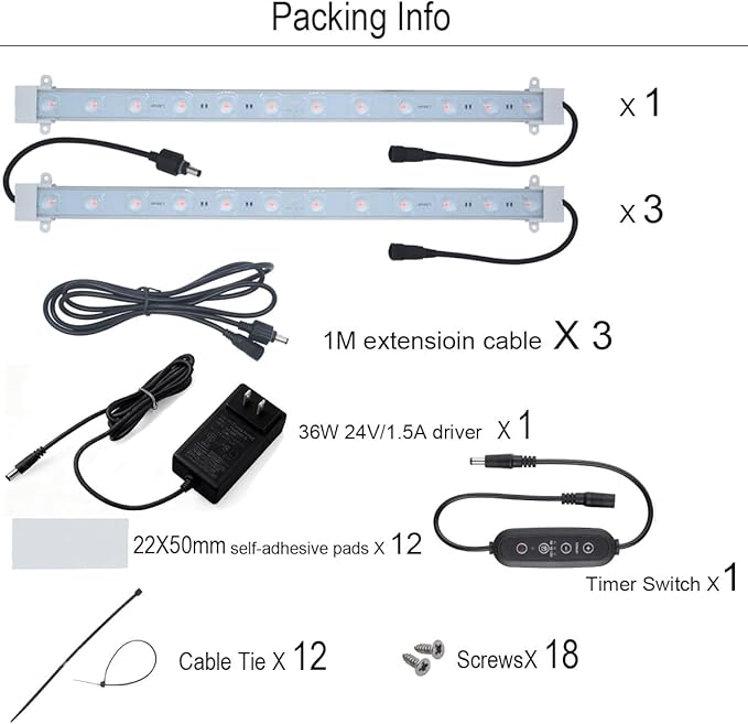 Litever Grow Light Strip Kit 36W with Timer, 4 pcs 16 Inches LED Grow Light Strips with Extension Cables, Mounting Accessories for Greenhouse, Grow Shelf. Perfect for Indoor Growing-(4-Strip-Kit)