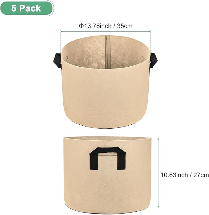 M METERXITY 5-Pack Plant Grow Bags 7 Gallon Grow Bags 300G Thickened Fabric Pots with Durable Handles Plant Garden Grow Pots for Fruits/Vegetables/Flowers/Plants [Khaki]