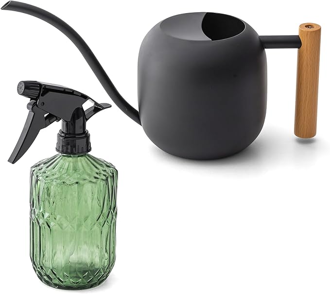 Baffect Indoor House Plants Watering Can Set, Include 41oz Metal Long Spout Watering Can & 13.5oz Dark Glass Misting Spray Bottle, Water Spray Bottle with Adjustable Nozzle Ideal for Bonsai, Orchid