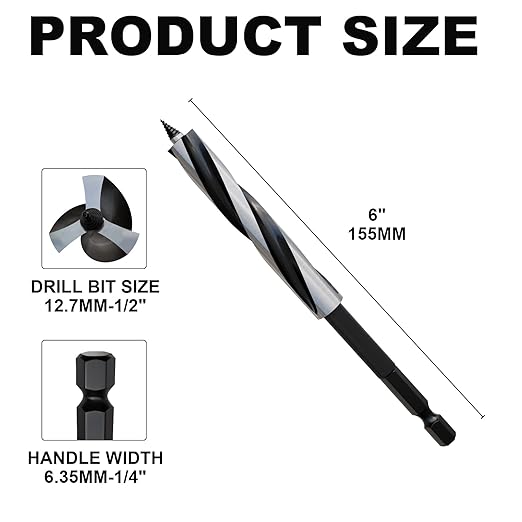 1/2"×6" Professional Auger Drill Bit for Wood with Quick Change 1/4" Hex Shank- 3-Cutter Design with Dual-Flute for Fast Chip Removal, Fits Hardwood, Softwood, PVC, Drywall & Tree Stumps