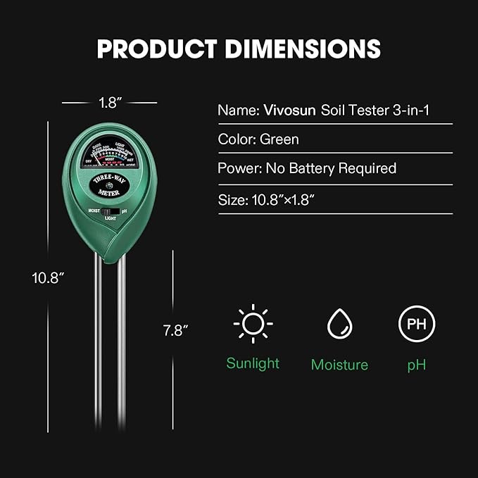 VIVOSUN Soil Tester, 3-in-1 Plant Moisture Meter Light and PH Tester for Home, Garden, Lawn, Farm, Indoor and Outdoor Use, Promote Plants Healthy Growth