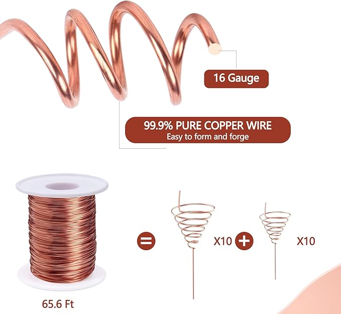YBB Electroculture Gardening Copper Kit with 99.9% Pure Copper Wire 16 Gauge 65.6 Ft, 2 PCS Fibonacci Coil Winding Jigs, 12 PCS Wooden Stakes Antennas for Garden Plants Vegetables Growing