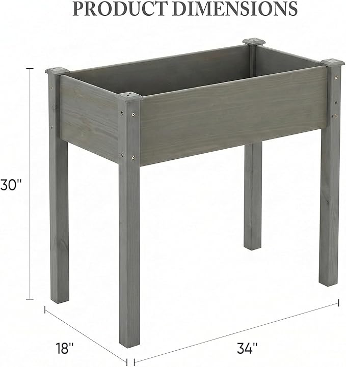 DUMOS Raised Garden Bed with Legs, 34x18x30 Inch Planter Box Outdoor with Liner for Herbs Flowers Vegetables, Elevated Wooden Garden Bed for Patio, Balcony and Backyard, Dark Grey