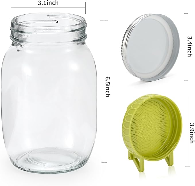 Complete Sprouting Kit - 2 Large Wide-Mouth Mason Jars 32 Oz, 2 Foldalbe Screen Lids with Draining Stand, 2 Metal Canning Lids, Bean Sprouts Grow Kit for Broccoli alfalfa