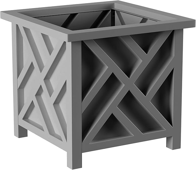 Lattice Design Planter Box - 14.75-Inch-Square Decorative Outdoor Flower or Plant Pot - Front Porch, Patio, and Garden Decor by Pure Garden (Gray)