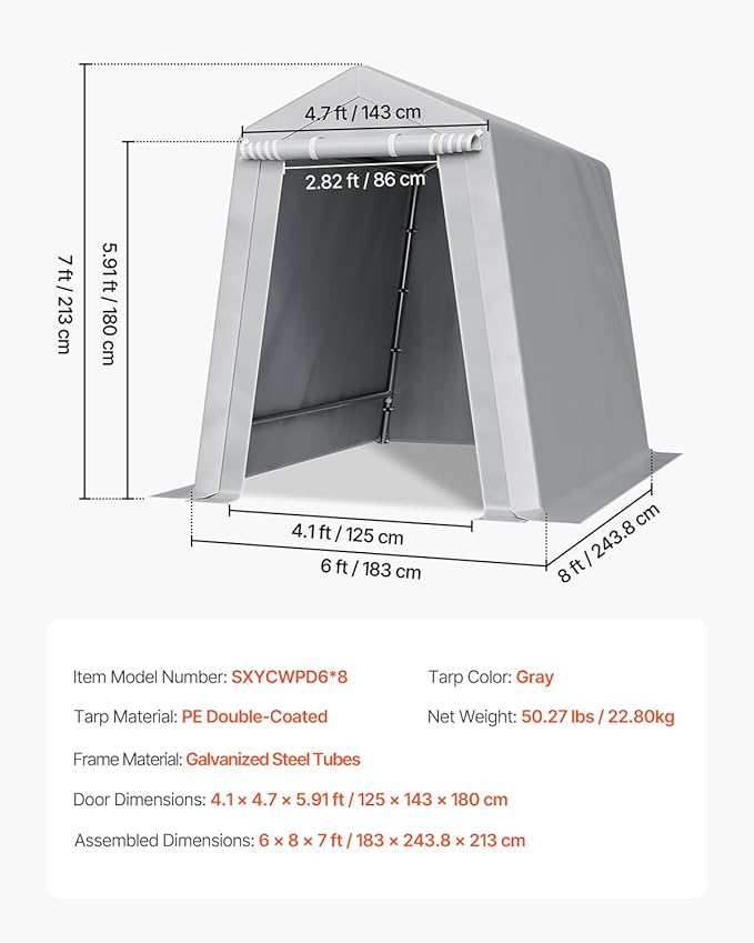 VEVOR Portable Shed Outdoor Storage Shelter, 6x8x7 ft Heavy Duty Instant Waterproof Storage Tent Sheds with Roll-up Zipper Door and Ventilated Windows for Motorcycle, Bike, Garden Tools