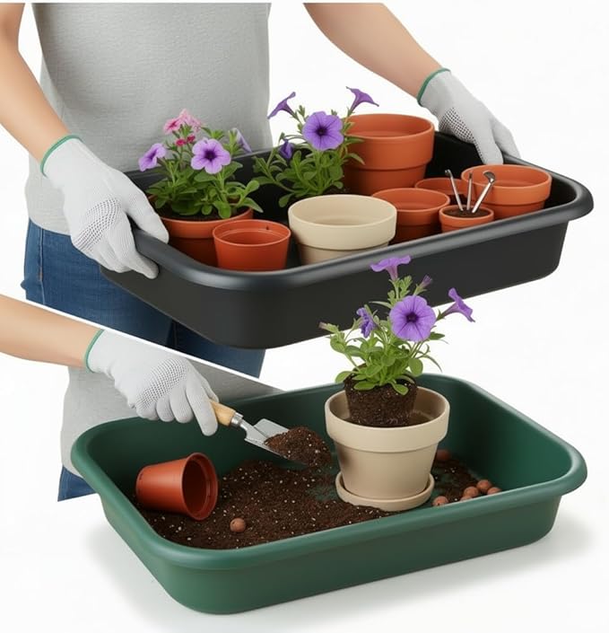 2 Pack Multi-Functional Plant Repotting Tray – Black & Green, Large Capacity Gardening Tool Heavy-Duty PP for Seedling, Pot Moving, Soil Mixing, Hydroponic/Soil Cultivation, Transplanting