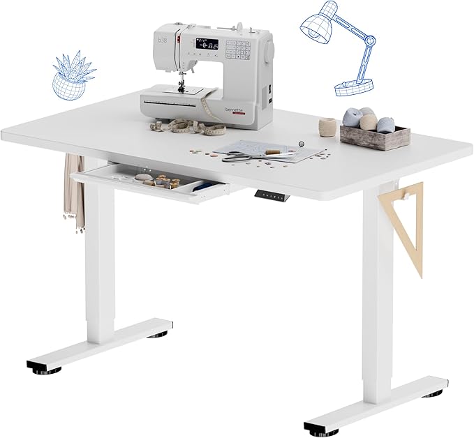 FLEXISPOT Electric Adjustable Workbench, 48x30 Inches Ergonomic Worktable with Drawer for Garage, Workshop, Office and Home, Spacious Desktop for Woodworking Sewing and Crafts, White, 3 Packages
