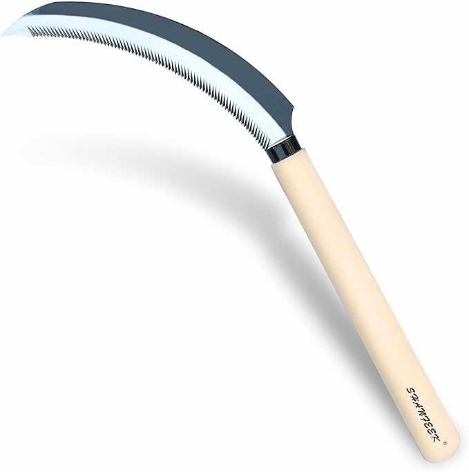 Grass Sickle with Sawtooth Japanese Weeding Hoe Garden Hand Tool Weeding Tools for Garden High-Strength Steel with Solid Wood Handle (White)