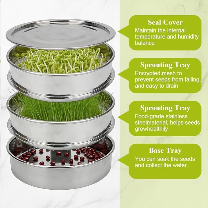 AKAZA 9" Stackable Stainless Steel Seed Sprouting Kit, 3-Tier Mesh Sprouting Tray,1 Base and 1 Cover Lid, Microgreens Propagator for Beans Peas Broccoli Wheat Grass (Clear)