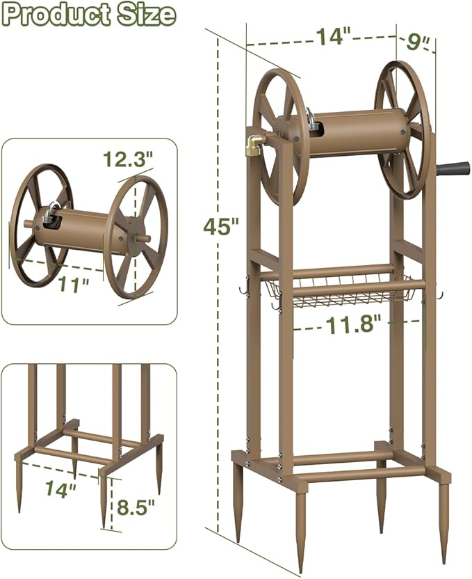 Freestanding Garden Hose Reel holds 125ft Hose of 5/8" with 4 Hooks, 4-Spike Outdoor Hose Holder with 3.9ft Leader Hose & Brass Fitting, Detachable Metal Hose Stand with Storage Rack, Brown