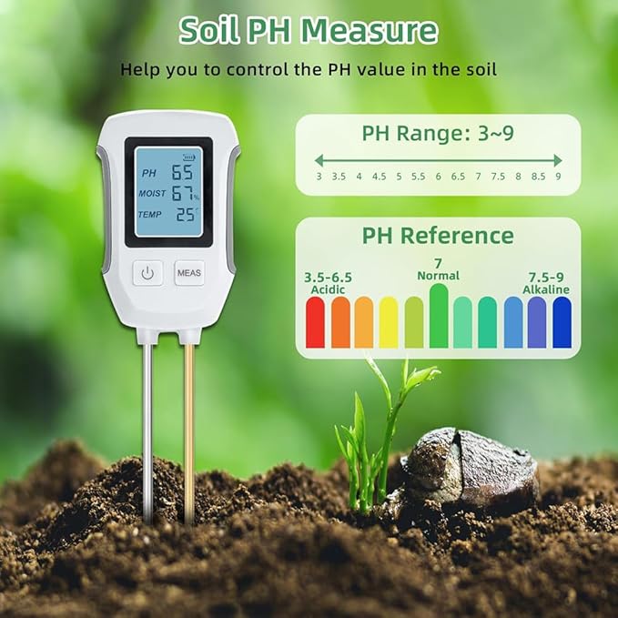 3 in 1 Soil Tester, Ph, Humidity and Temperature Measurement, Backlit Display, 10 Second Test Time, Suitable for Gardening, Lawn, Agriculture, Battery Not Included