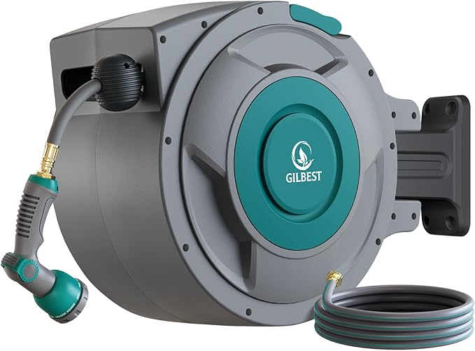 1/2" x 130 ft Retractable Garden Hose Reel, Heavy Duty Water Hose Reel Wall Mounted, Any Length Lock, 180°Swivel, Water Hose with 10-Function Nozzle for Cleaning, Watering (Green)