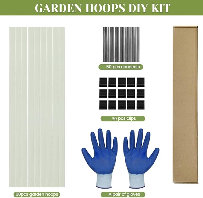 Garden Hoops 60pcs (M Size), Sunwuk Greenhouse Hoops for 2.5-5.5ft Wide Raised Bed, 10 Sets of 8.5ft Long Super Bendable Fiberglass Support Hoops Frame, Mini Greenhouse Strip for Row Cover