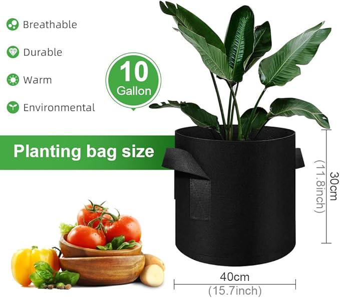 5 Pack 10 Gallon Grow Bags, Heavy Duty Thickened Nonwoven Fabric Pots with Handles, Planter Grow Bags for Vegetables/Flower/Plant/Fruits, Black