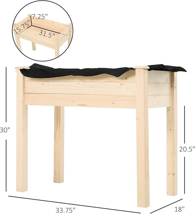 Outsunny Raised Garden Bed with Legs, 34" x 18" x 30", Elevated Wooden Planter Box, Self-Draining with Bed Liner for Vegetables, Herbs, and Flowers Backyard, Patio, Balcony Use, Natural