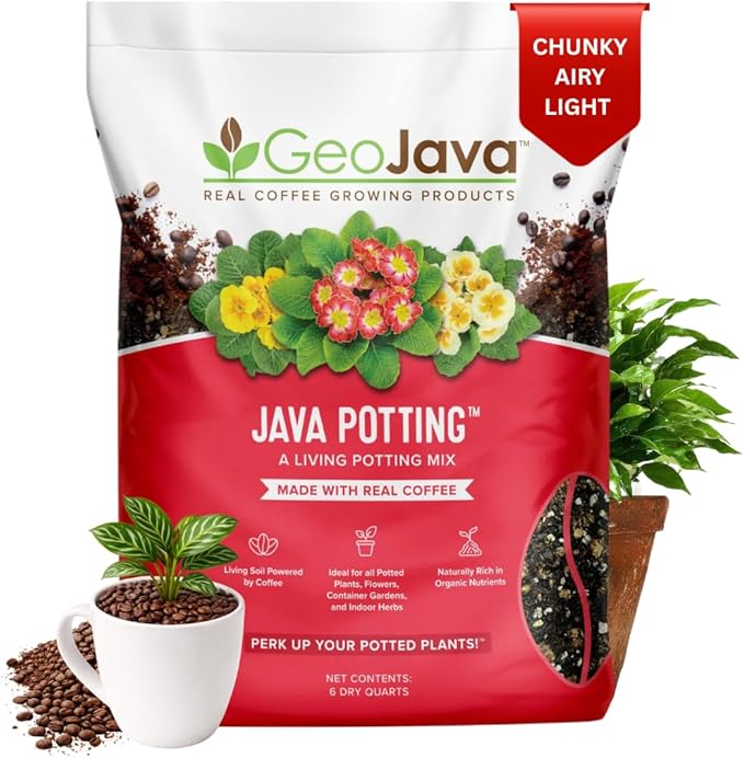 Java Potting Soil: A Well Draining, Coffee‑Infused Living Indoor Mix Ready to Grow. for All Monstera, Calathea, Fiddle Leaf Fig, ZZ, Snake, Spider and Pothos Plants; with Chunky Vermiculite. 6 (QT)