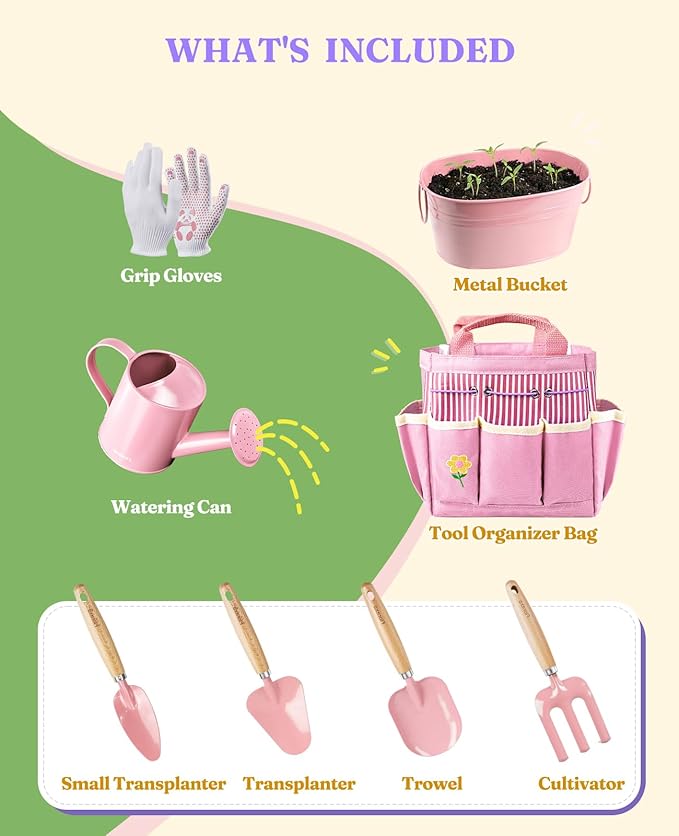 8Pcs Kids Gardening Set with Metal Basket & Real Metal Tools, STEM Outdoor Exploration Kit, Ergonomic Wooden Handles, 3 Shovels, Rake, Watering Can, Gloves, Toy Gift for Toddler Boys Girls