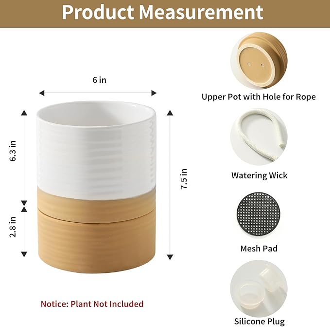 HASENSE Self Watering Plant Pot, 6 Inch Porcelain Planter with Drainage Hole and Saucers for Indoor & Outdoor Plants, Round Flower Pots for Houserwarming Gift, White