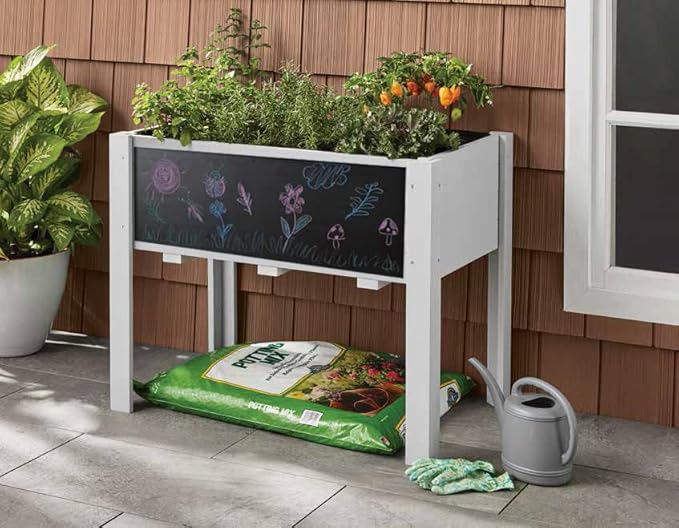 Kids Raised Garden Bed with DIY Chalkboard, 30 x 24 x 18 Inch Wooden Elevated Raised Garden Bed for Kids Outdoor Planter Box with Legs for Vegetables Grass Lawn Yard, Light Blue