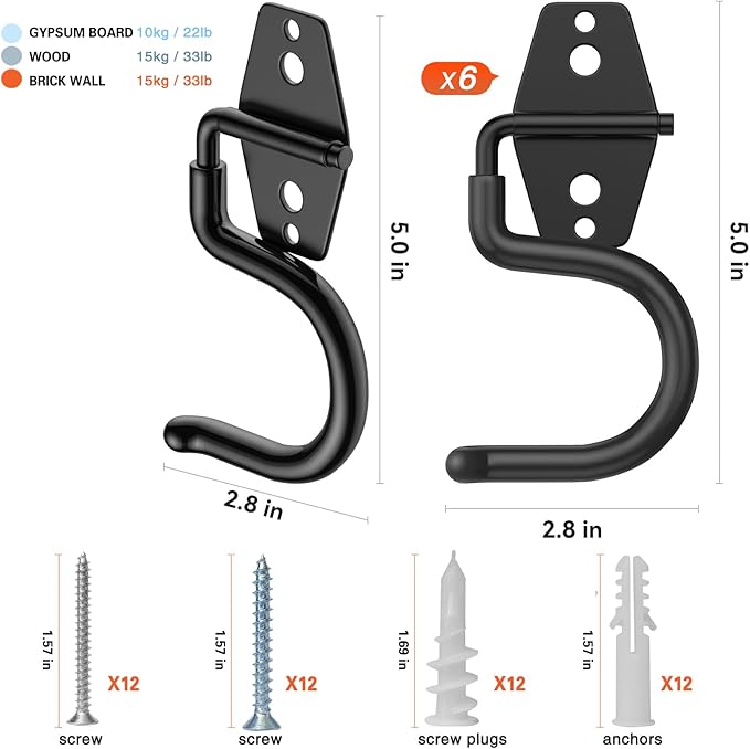 HUPBIPY 6 Pack Metal Garage Hooks, Heavy Duty S Hooks Tool Hangers for Garage Wall, Shed, Garden Storage Organizer