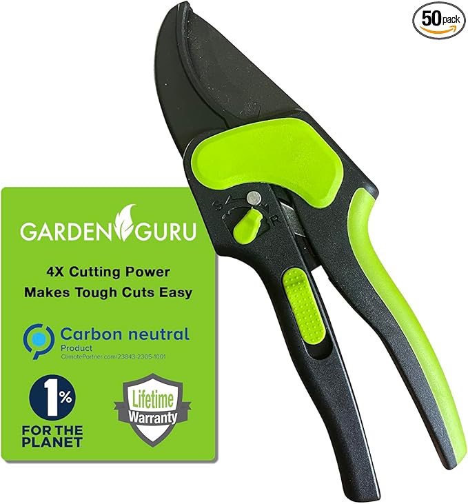 GARDEN GURU 2 in 1 Ratchet Pruning Shears Clippers – 4X Cutting Power – Ratcheting Garden Anvil Pruners Scissors - Makes Tough Cuts Easy - Ergonomic Handles - 1 Case (50 Pcs)
